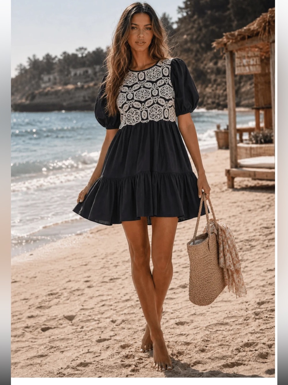 564. Black Mini Dress with White Crochet Bodice